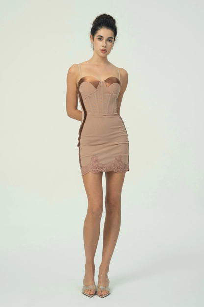 Dantelli Zarif Nude Korse Mini Elbise